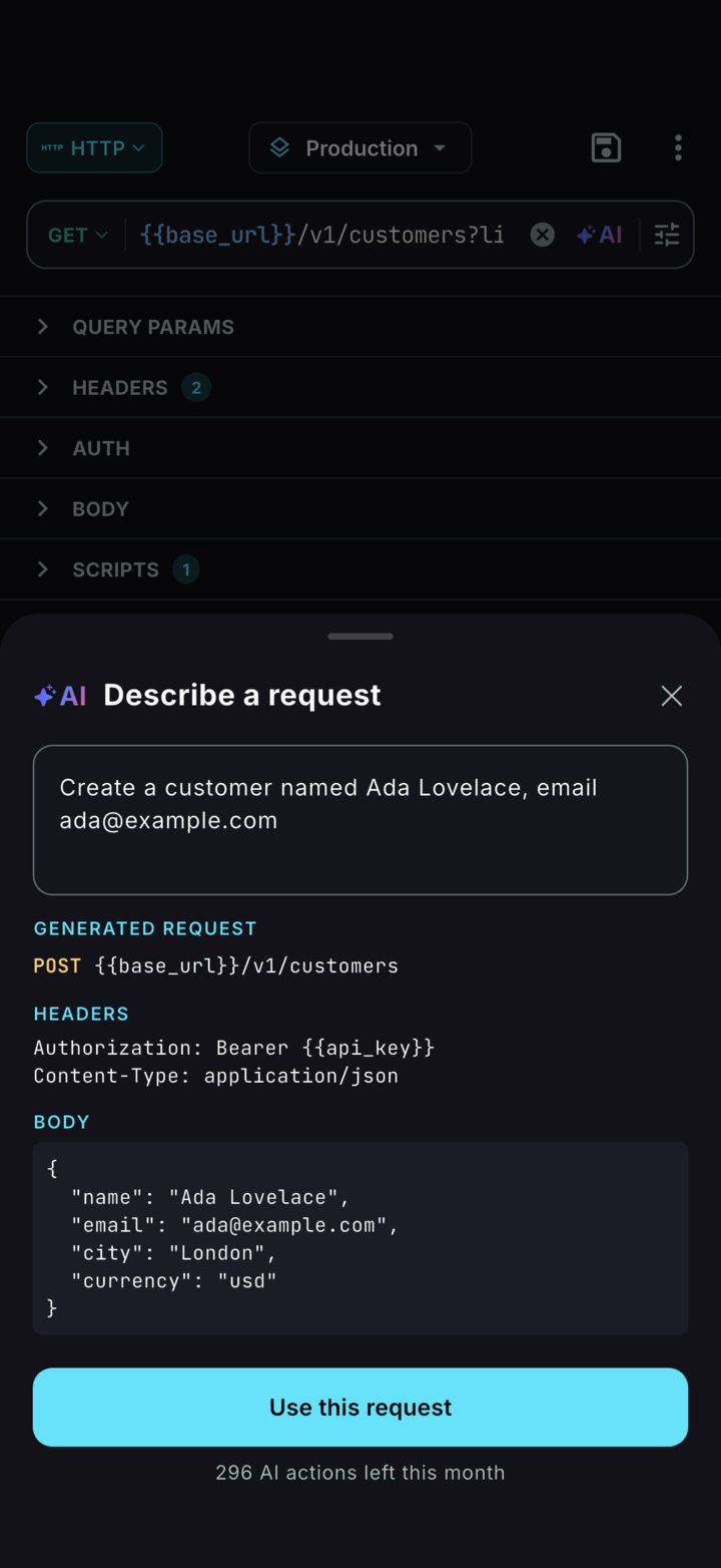 ReqPad AI's Describe a request: a plain-English sentence turned into a ready POST request with headers and a JSON body