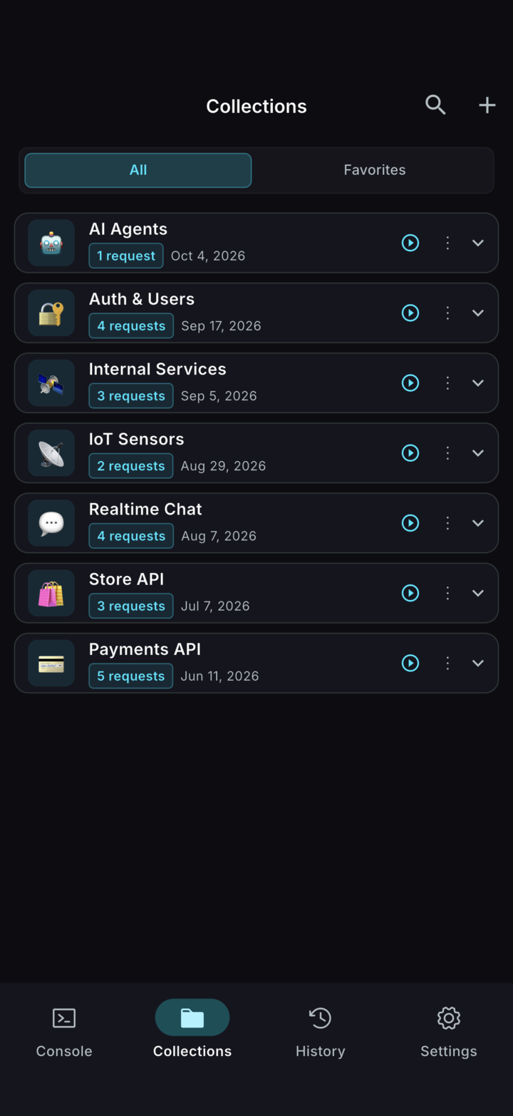 Collections in ReqPad: Payments API, Store API, Realtime Chat, IoT Sensors and more, each with its requests