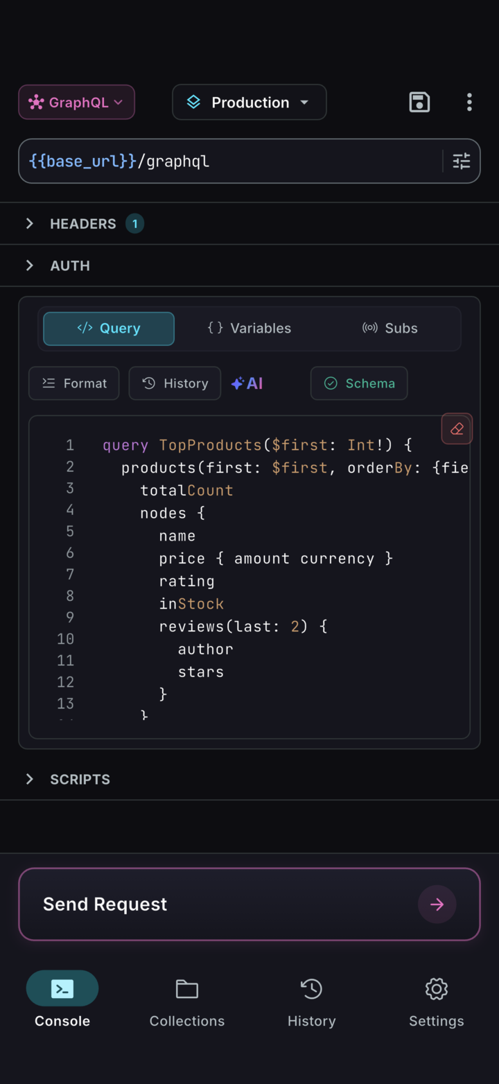 The ReqPad GraphQL editor with a loaded schema and a query with variables