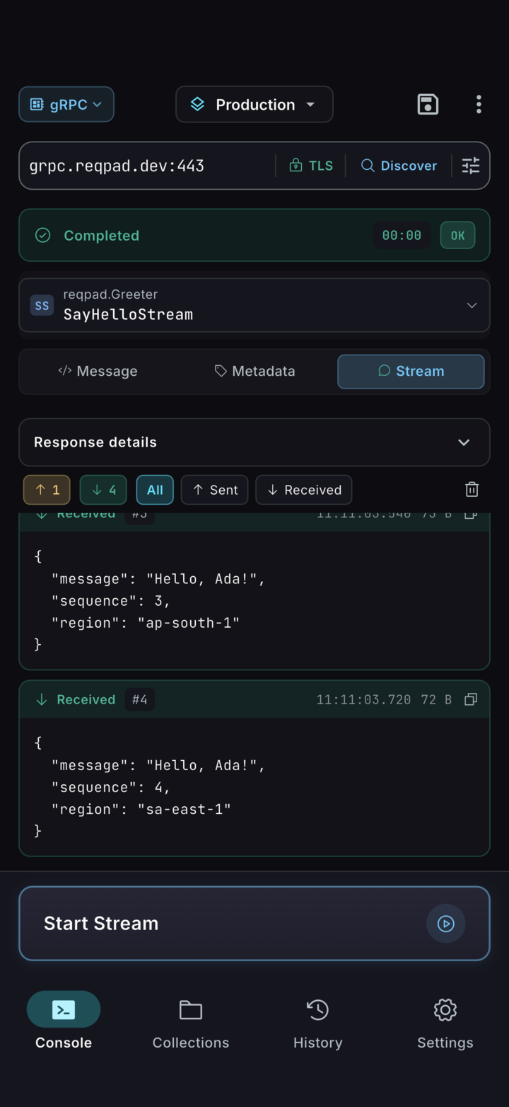A gRPC server-streaming call in ReqPad with four received messages