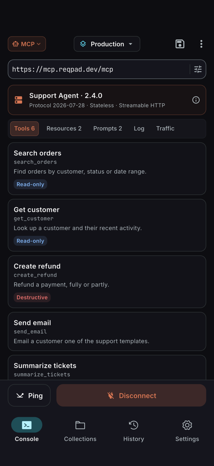 An MCP server in ReqPad listing its tools, resources and prompts