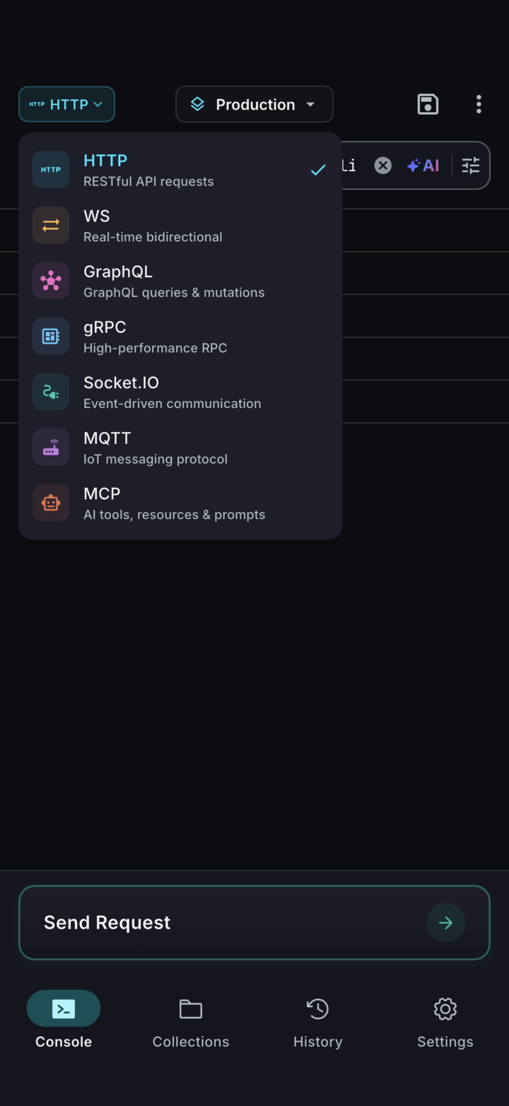 The ReqPad protocol picker: HTTP, WebSocket, GraphQL, gRPC, Socket.IO, MQTT and MCP