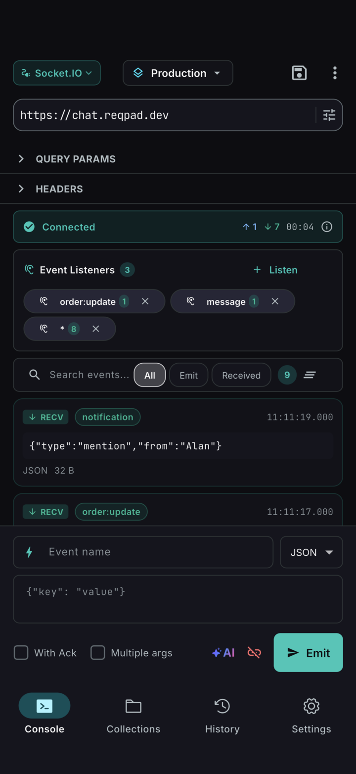 A live Socket.IO session in ReqPad: connected, three event listeners and received messages