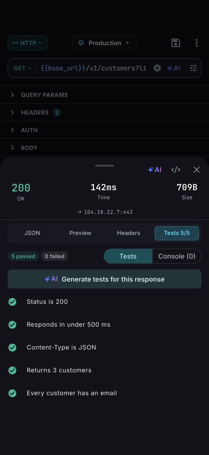 The Tests tab in ReqPad: five tests passed for a response