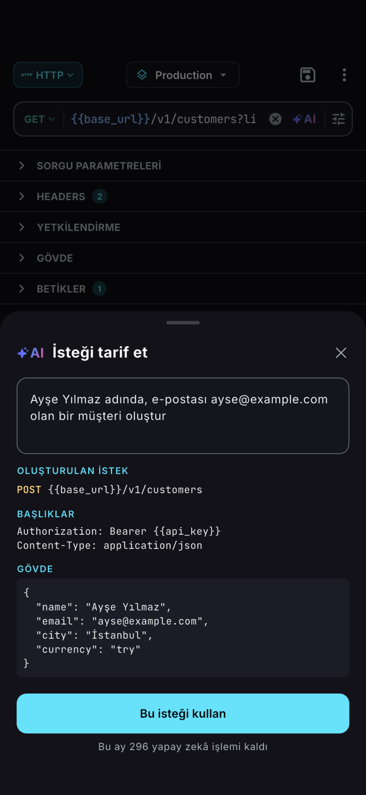 ReqPad AI ile İsteği tarif et: Türkçe bir cümle, header'ları ve JSON gövdesiyle hazır bir POST isteğine dönüşüyor