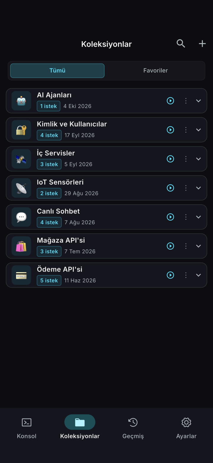 ReqPad'de koleksiyonlar: Ödeme API'si, Mağaza API'si, Canlı Sohbet, IoT Sensörleri ve diğerleri