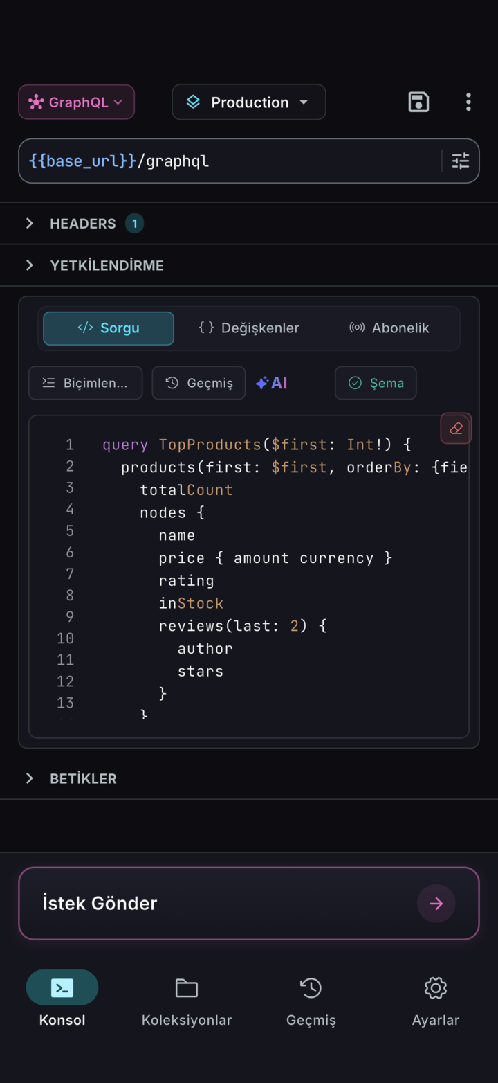 Şeması yüklü ReqPad GraphQL editörü ve değişkenli bir sorgu