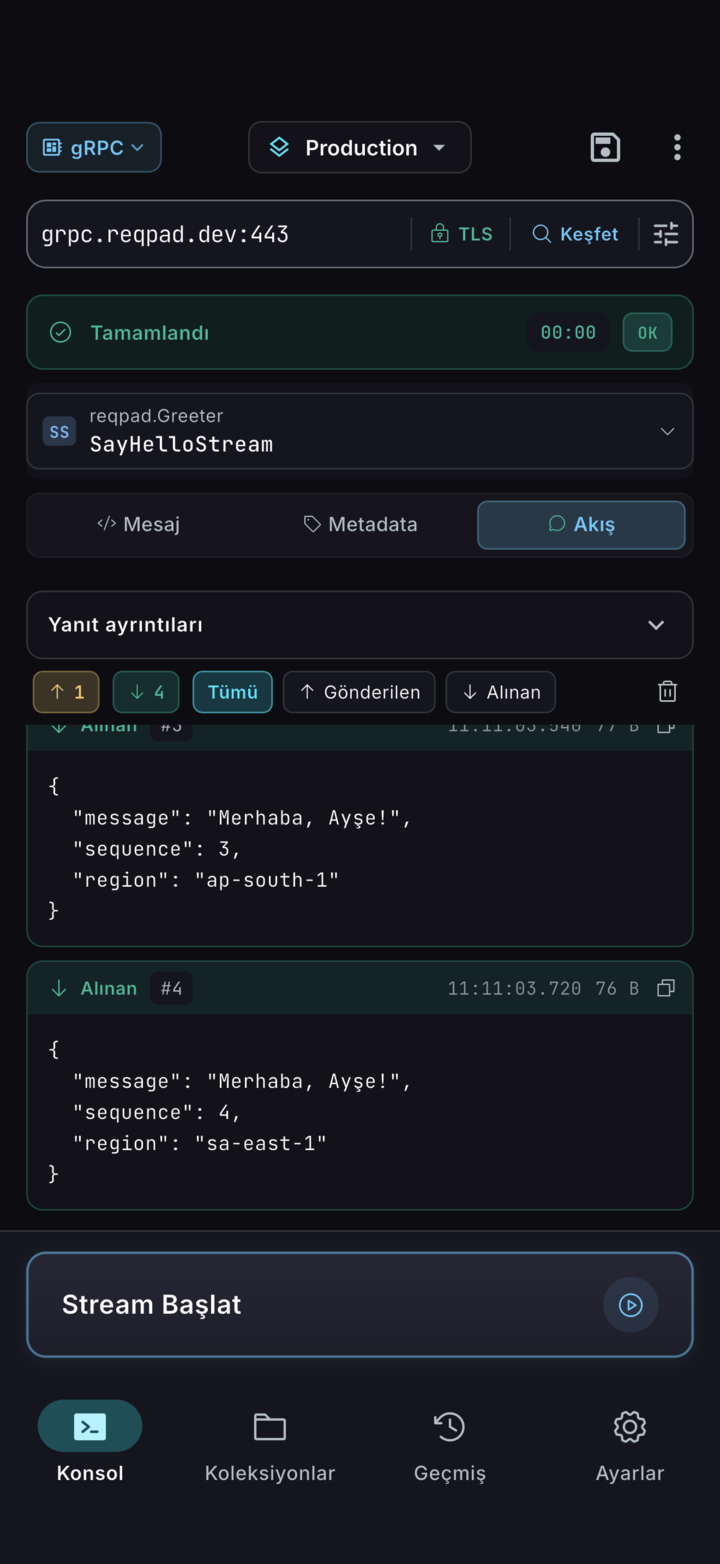 ReqPad'de dört mesaj alınmış bir gRPC server-streaming çağrısı