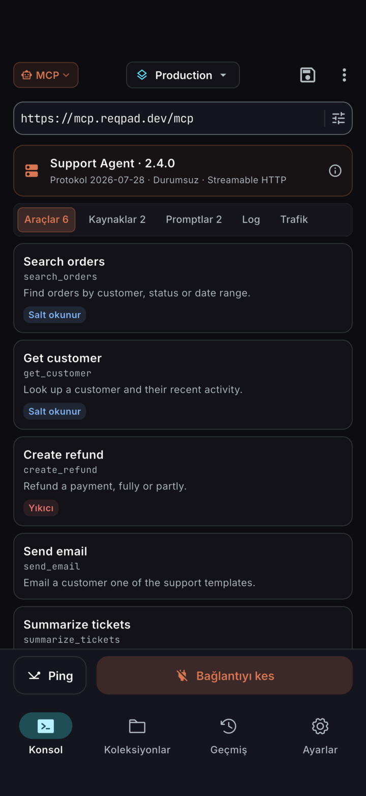 ReqPad'de araçlarını, kaynaklarını ve prompt'larını listeleyen bir MCP sunucusu
