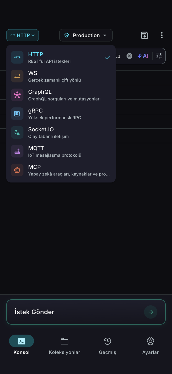 ReqPad protokol seçici: HTTP, WebSocket, GraphQL, gRPC, Socket.IO, MQTT ve MCP