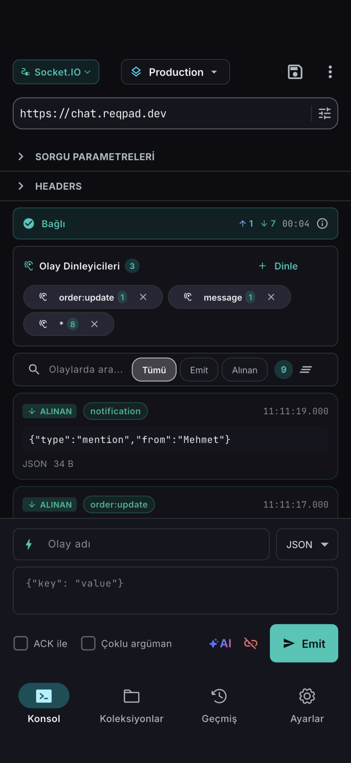 ReqPad'de canlı Socket.IO oturumu: bağlı, üç olay dinleyicisi ve gelen mesajlar
