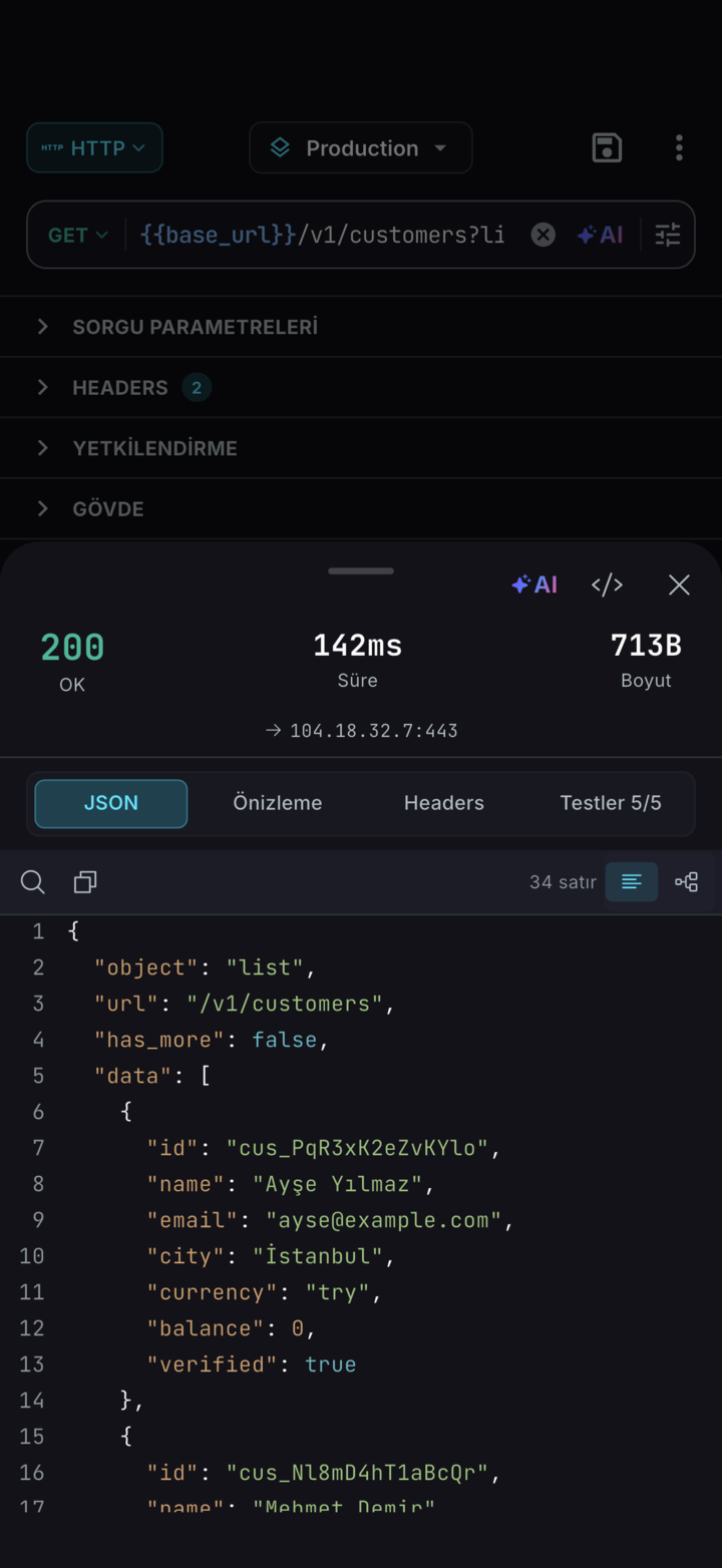 iPhone'da ReqPad: 142 ms'de 200 OK dönen GET isteği, JSON yanıtı ve 5/5 geçen testler