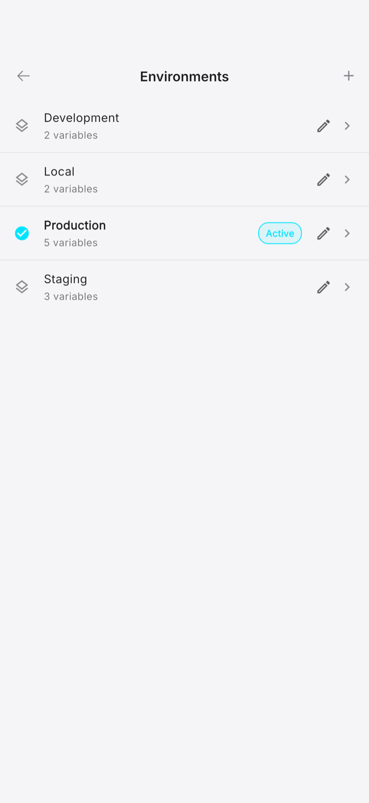 Environments in ReqPad: Development, Local, Production and Staging, each with its own variables