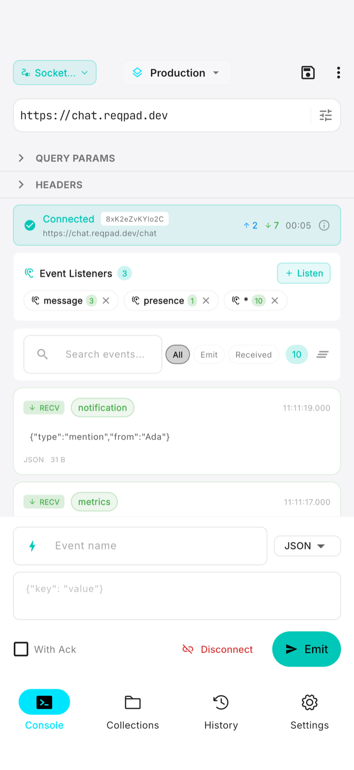 Live realtime session in ReqPad: a connected Socket.IO channel with event listeners and received messages