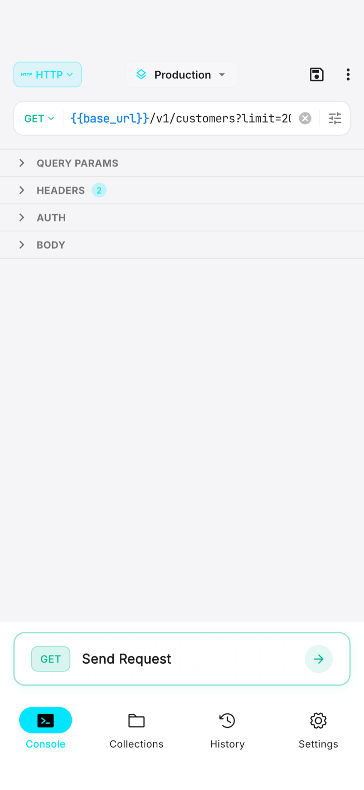 ReqPad request workbench on iPhone: building a GET request with params, headers, auth and body